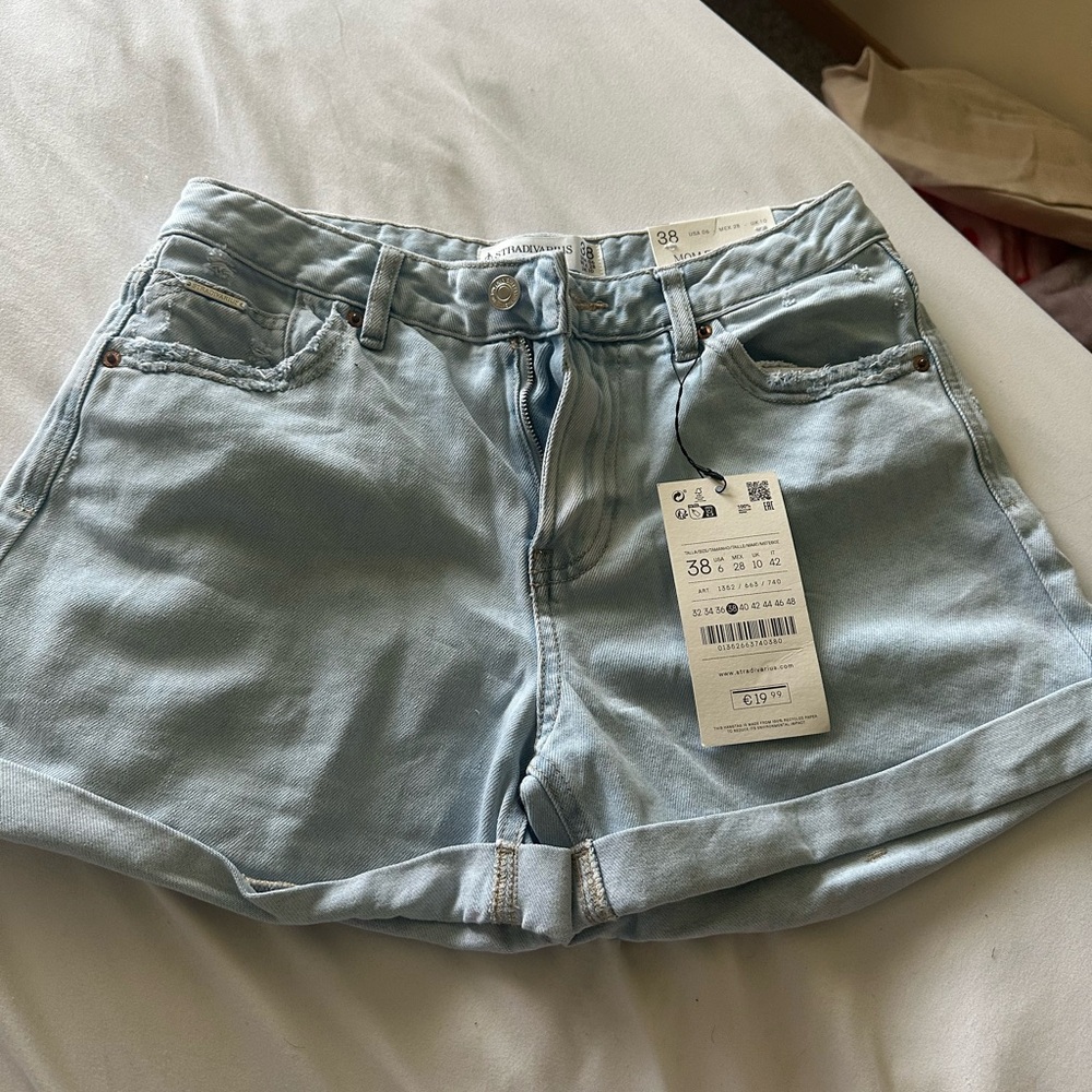 Stradivarius Blue Mom Jean Shorts Distressed High Rise